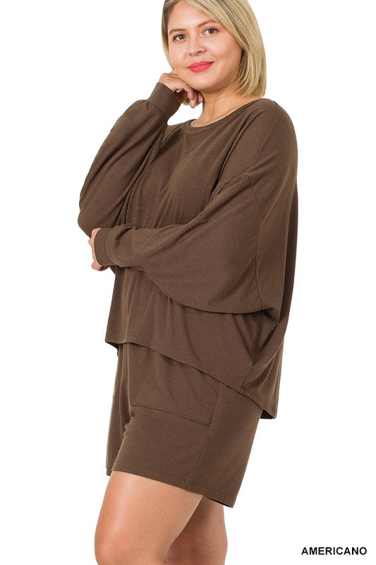 Plus size terry raglan oversized top and short set in americano