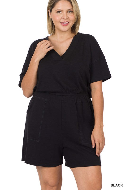 PLUS Size DROP SHOULDER V-NECK ROMPER WITH POCKETS in black
