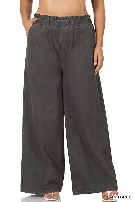 PLUS STONE WASHED CANVAS PAPERBAG WAIST WIDE LEG PANTS WITH POCKETS in Ash Grey
