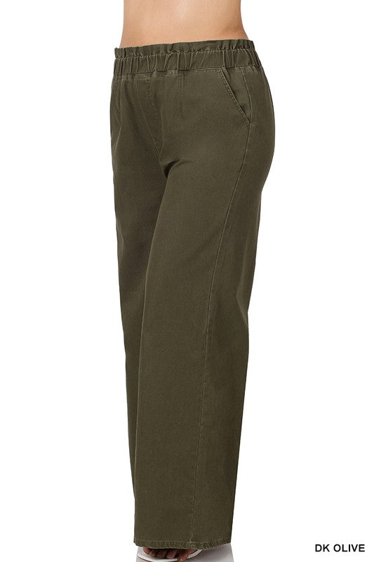 PLUS Size STONE WASHED CANVAS PAPERBAG WAIST WIDE LEG PANTS WITH POCKETS in Dk. Olive