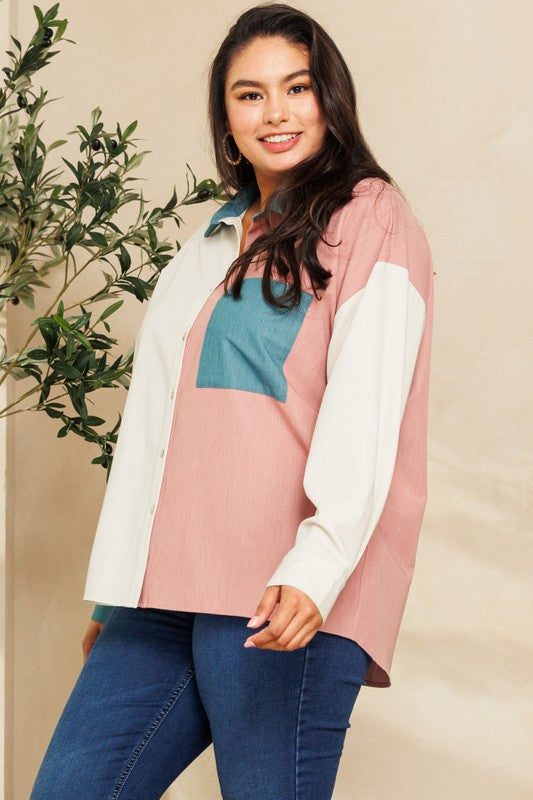 Plus Size Color Blocked Button Down
