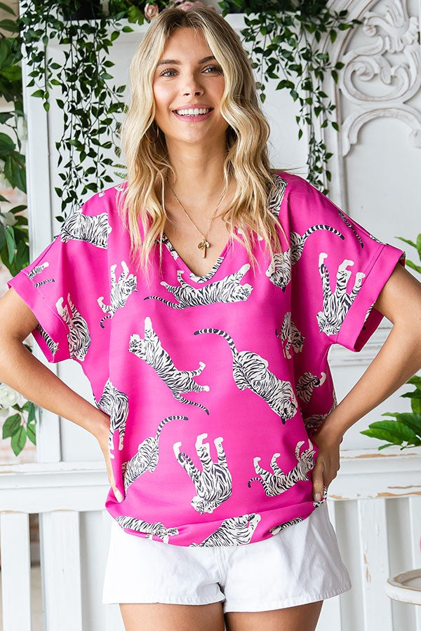 Plus Size Pink and white tiger printed top