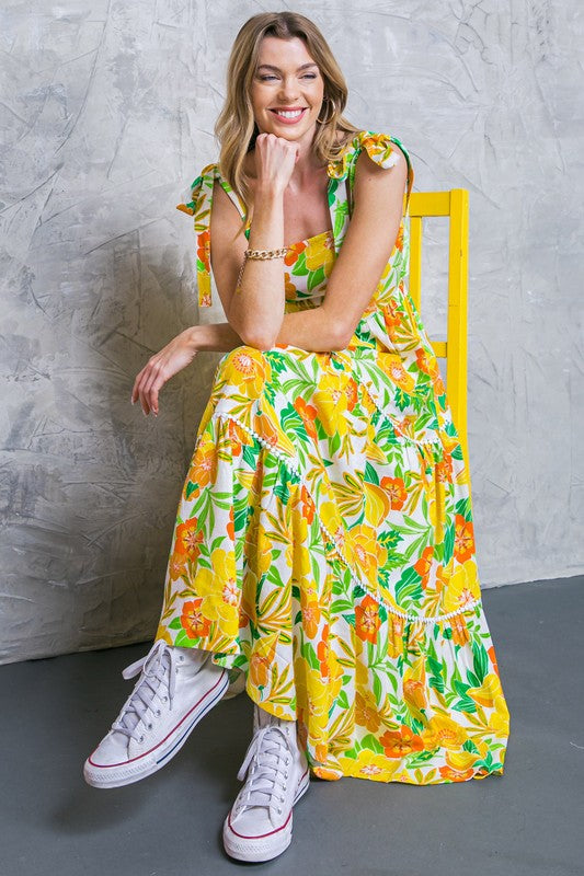 Flying Tomato Womens Yellow and Green Floral Maxi Dress