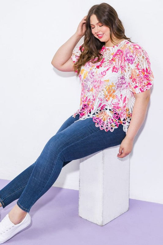 Plus Size Flying Tomato Lace round neckline puff sleeve top