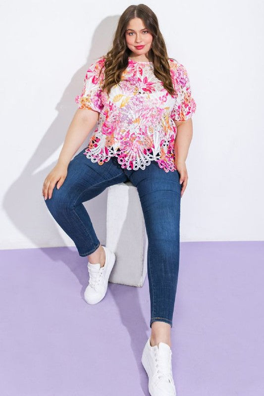 Plus Size Flying Tomato Lace round neckline puff sleeve top