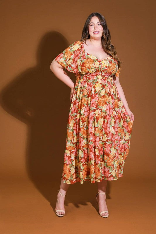 Plus Size Flying Tomato FLoral Tiered Burnt Sienna Maxi Dress