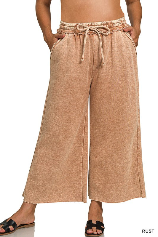 Plus Size acid washed palazzo pants with pockets in Rust