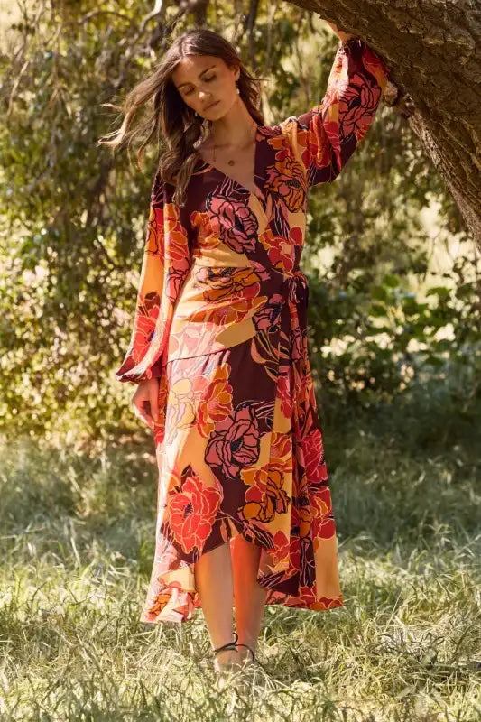 Plus Size Floral Printed Wrapped Midi Dress