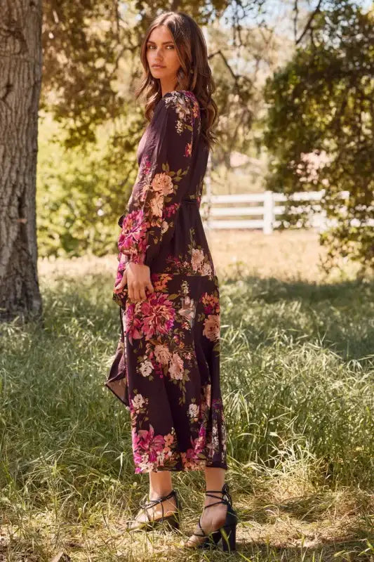 Womens Floral Printed Wrapped Midi Dress