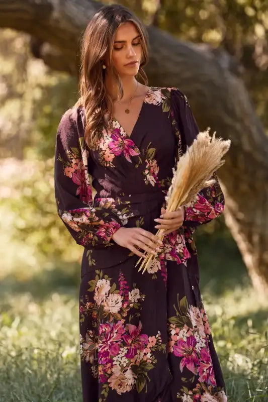 Womens Floral Printed Wrapped Midi Dress