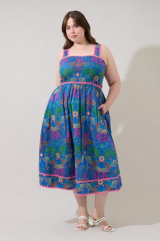 Rulley Pleated Midi Dress Yori Tropical Curve DARK BLUE-MULTI / 1X by Sugarlips