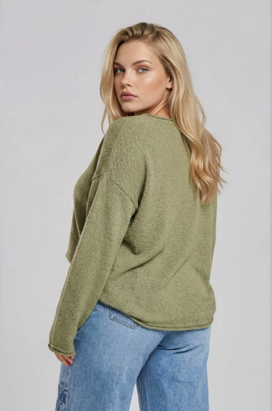 Plus Size Textured Raw Edge Long Sleeve Knit Sweater
