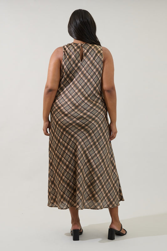 Plus Size Plaid Dress Satin Brown Midi