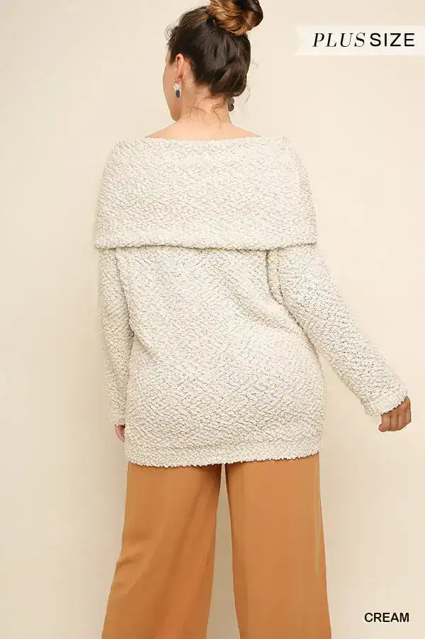Plus Size Folded Off Shoulder Long Sleeve Knit Pullover Sweater