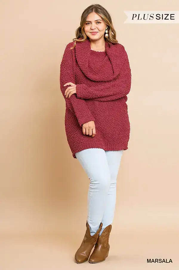 Plus Size Folded Off Shoulder Long Sleeve Knit Pullover Sweater