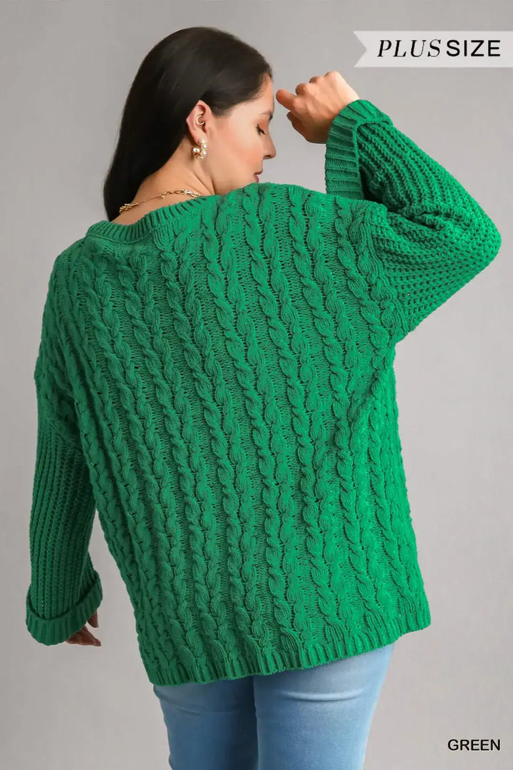 Plus Size Cuffed Long Sleeve Chenille Cable Knit Pullover Sweater