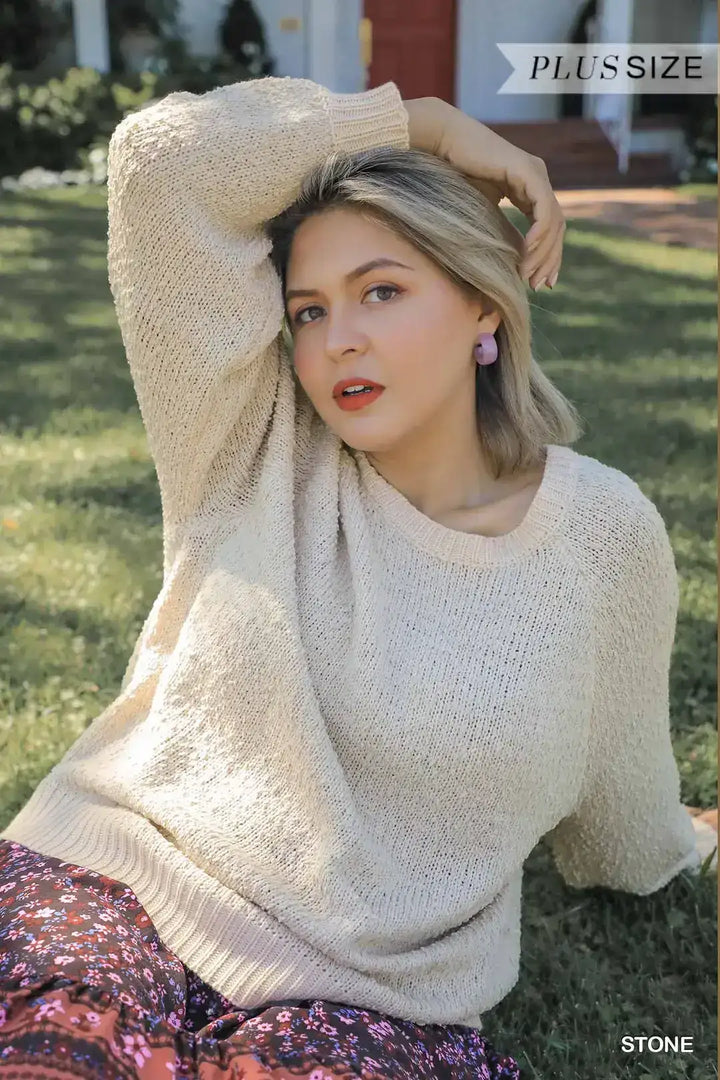 Plus Size Round Neck Long Sleeve Popcorn Sweater with Ribbed Hem