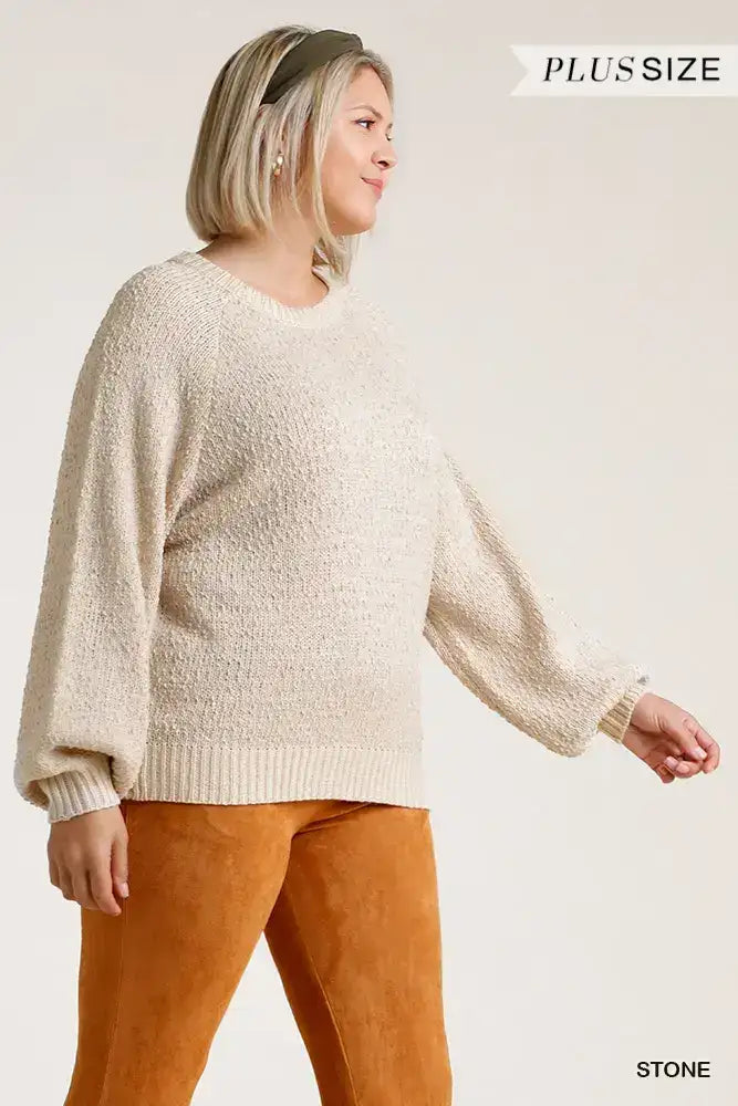 Plus Size Round Neck Long Sleeve Popcorn Sweater with Ribbed Hem