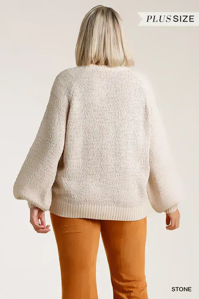 Plus Size Round Neck Long Sleeve Popcorn Sweater with Ribbed Hem