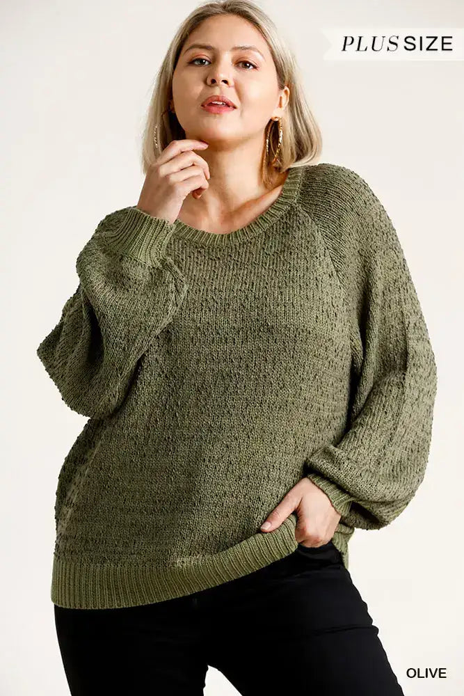 Plus Size Round Neck Long Sleeve Popcorn Sweater with Ribbed Hem