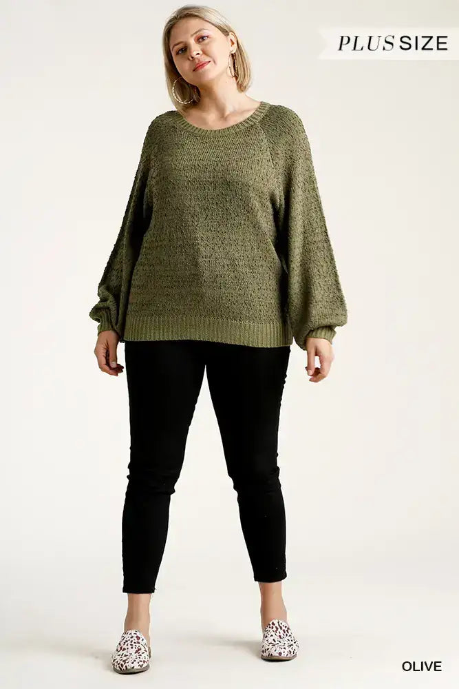 Plus Size Round Neck Long Sleeve Popcorn Sweater with Ribbed Hem