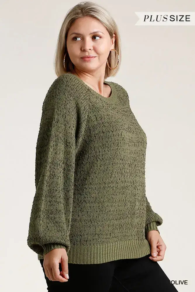 Plus Size Round Neck Long Sleeve Popcorn Sweater with Ribbed Hem