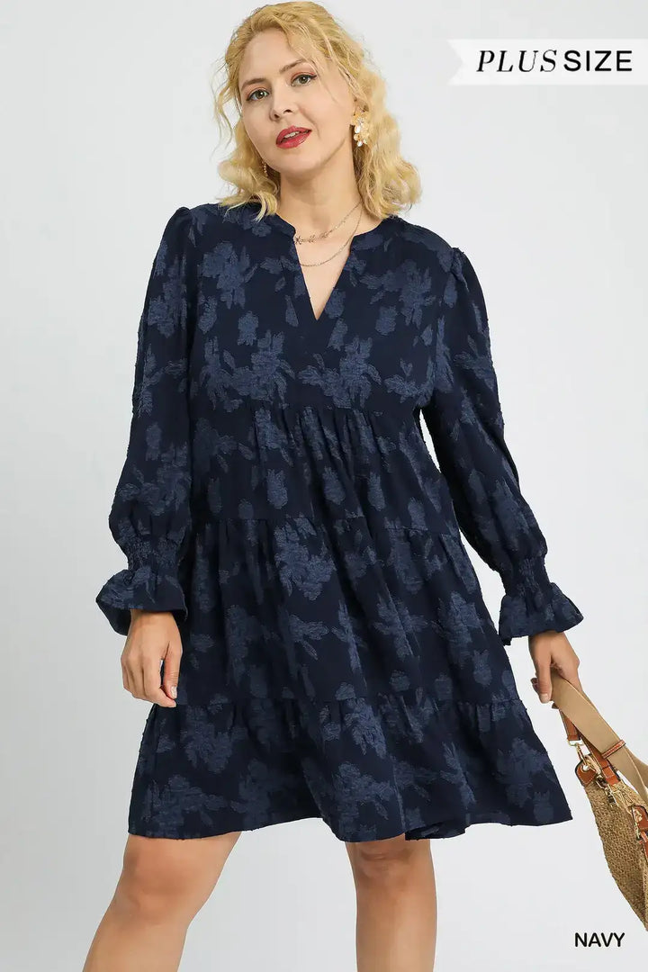 Plus Size Navy Jacquard Tiered Babydoll Dress