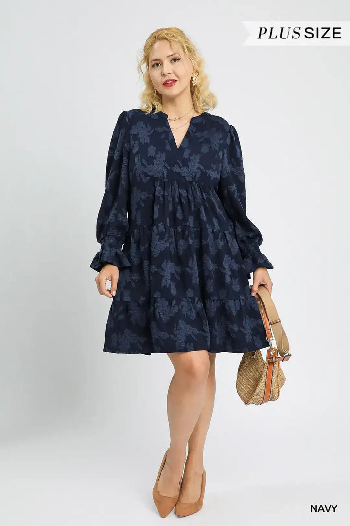 Plus Size Navy Jacquard Tiered Babydoll Dress