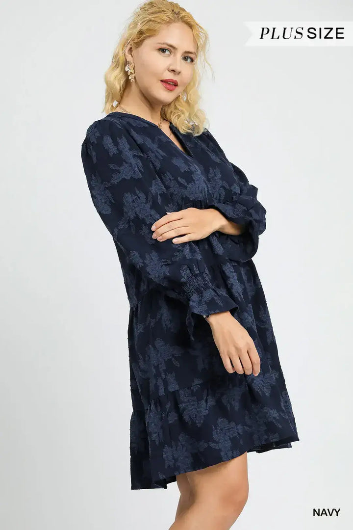 Plus Size Navy Jacquard Tiered Babydoll Dress