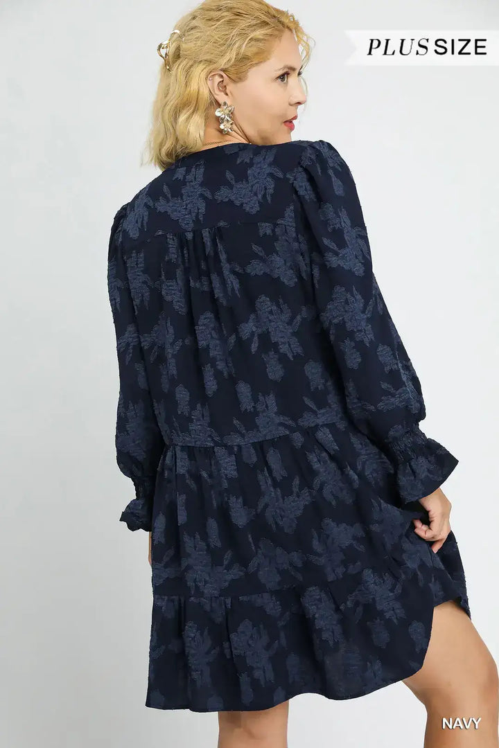 Plus Size Navy Jacquard Tiered Babydoll Dress