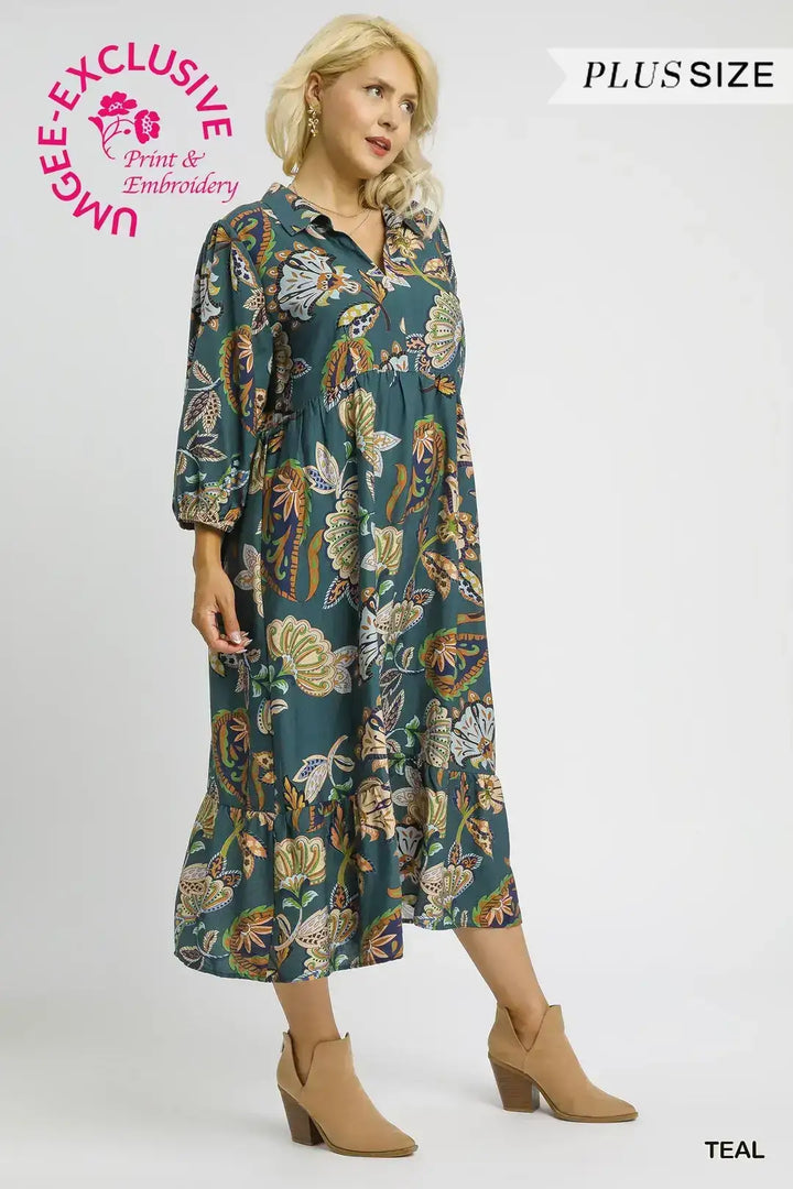 Plus Size Boho Paisley Tiered Midi Dress