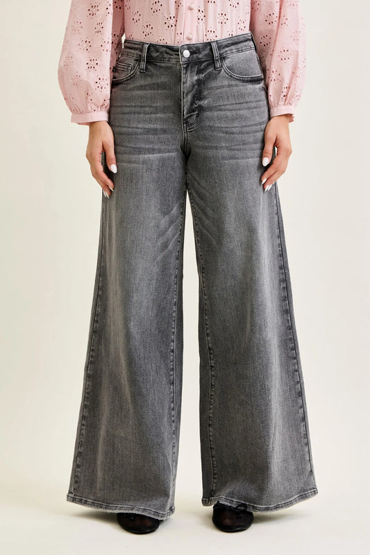 Plus Size Judy Blue Midrise Split Back Yoke Palazzo Grey