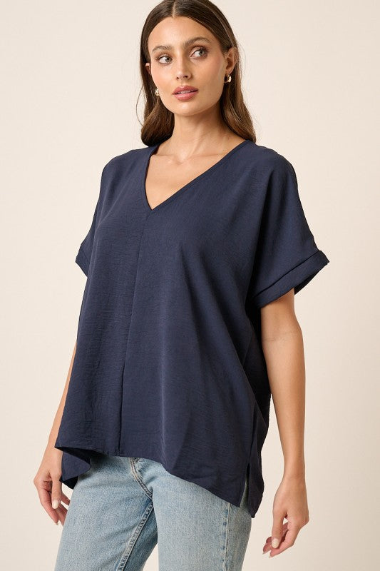 Womens WOVEN AIRFLOW V-NECK HI-LOW HEM TOP