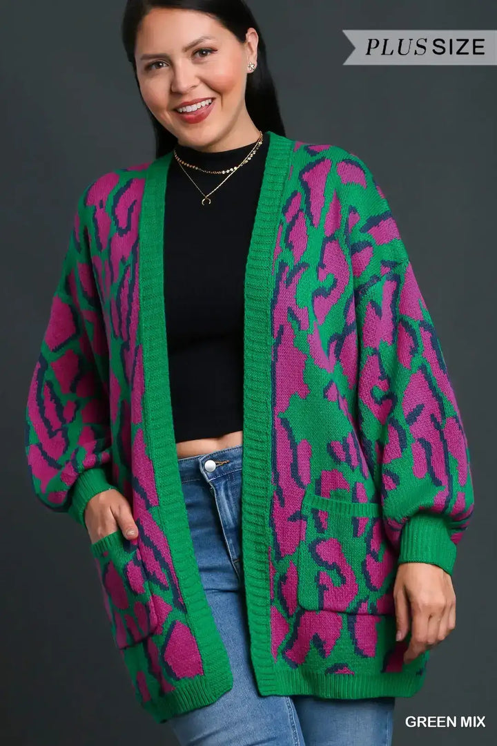 Plus Size Animal Print Cardigan Sweater with Side Pockets