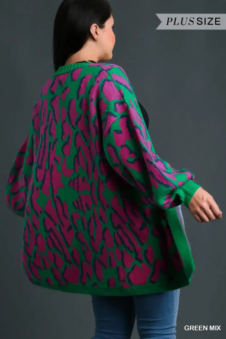 Plus Size Animal Print Cardigan Sweater with Side Pockets