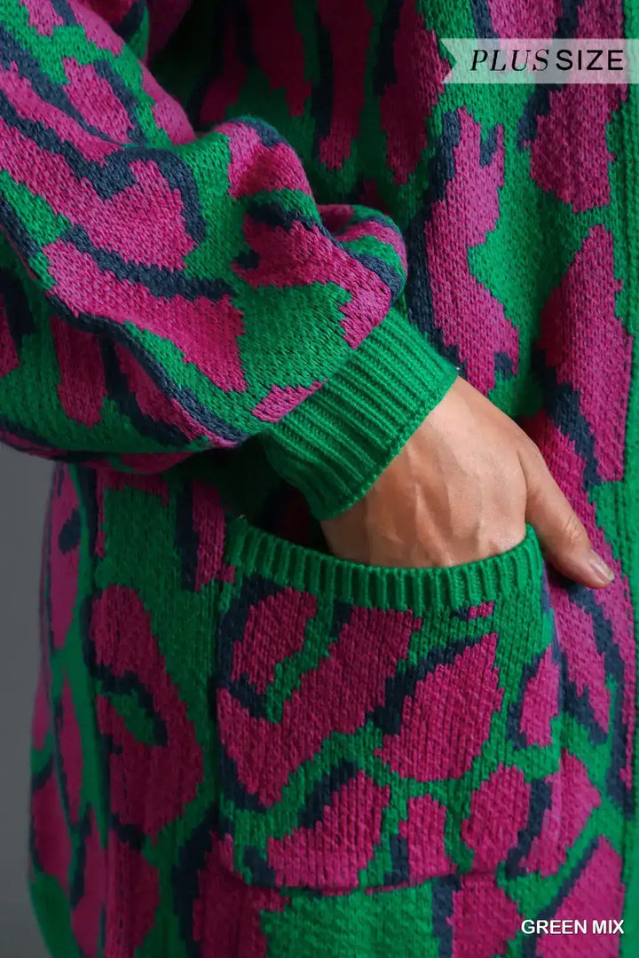 Plus Size Animal Print Cardigan Sweater with Side Pockets