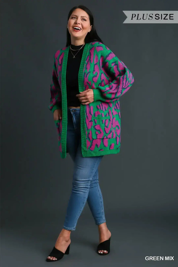 Plus Size Animal Print Cardigan Sweater with Side Pockets