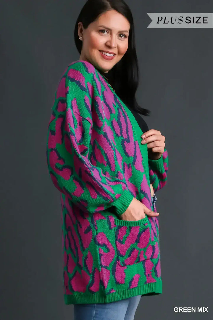 Plus Size Animal Print Cardigan Sweater with Side Pockets