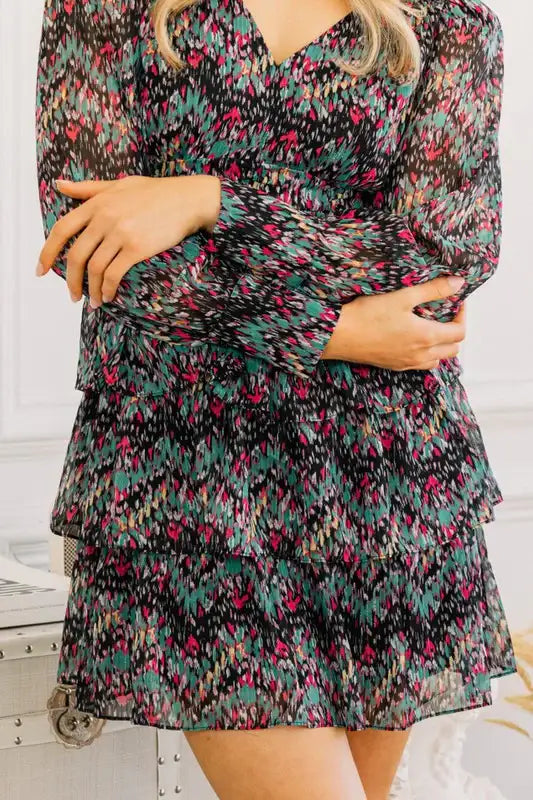 Plus Size Floral V-neckline Tiered Ruffle Mini Dress