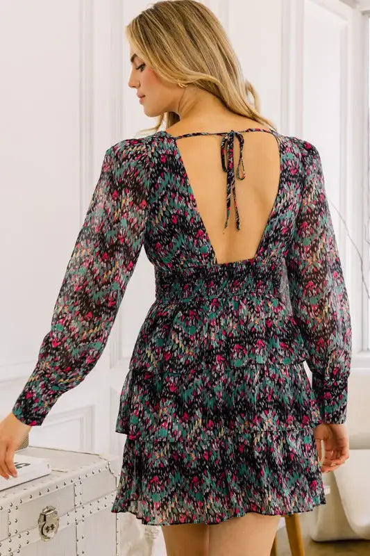 Plus Size Floral V-neckline Tiered Ruffle Mini Dress