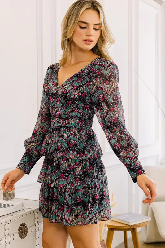 Plus Size Floral V-neckline Tiered Ruffle Mini Dress
