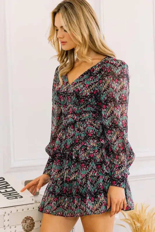 Plus Size Floral V-neckline Tiered Ruffle Mini Dress