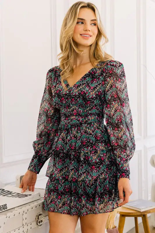 Plus Size Floral V-neckline Tiered Ruffle Mini Dress