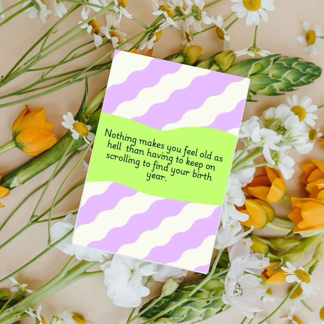 Hells Bells Co.- Happy Birthday Scroll your age Greeting Card - Esme and Elodie