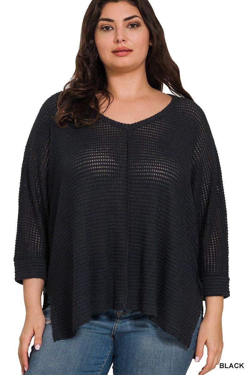 Plus 3/4 Sleeve V-Neck Hi-Lo Hem Jacquard Sweater in Black - Esme and Elodie