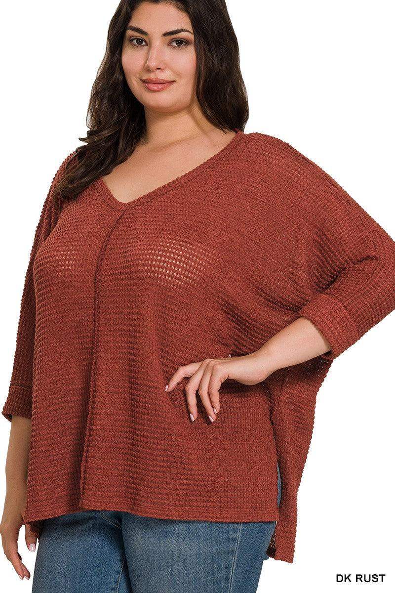Plus 3/4 Sleeve V-Neck Hi-Lo Hem Jacquard Sweater in Rust - Esme and Elodie