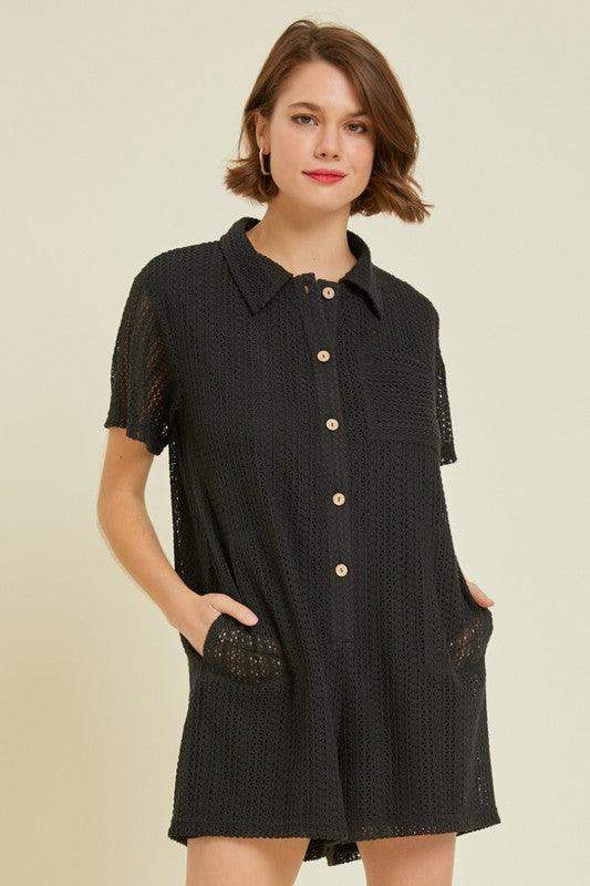 Plus Button-Down Crochet Romper with Pockets in Black - Esme and Elodie