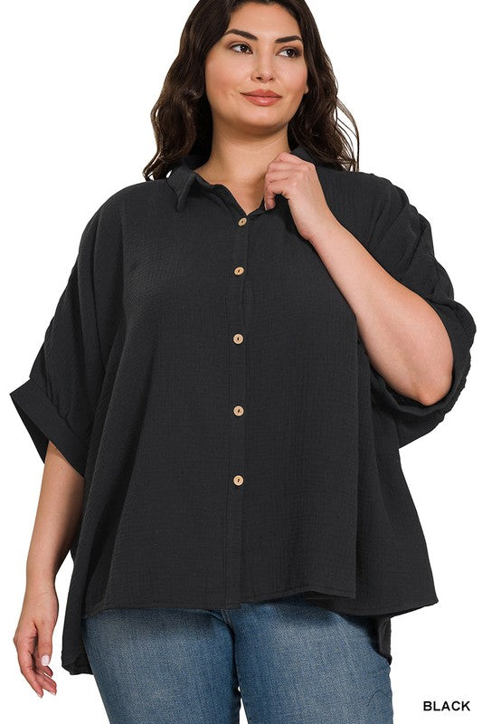 PLUS DOUBLE GAUZE 3/4 SLEEVE BUTTON UP SHIRT in black - Esme and Elodie