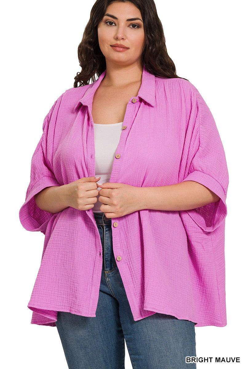 PLUS DOUBLE GAUZE 3/4 SLEEVE BUTTON UP SHIRT in Bright Mauve - Esme and Elodie