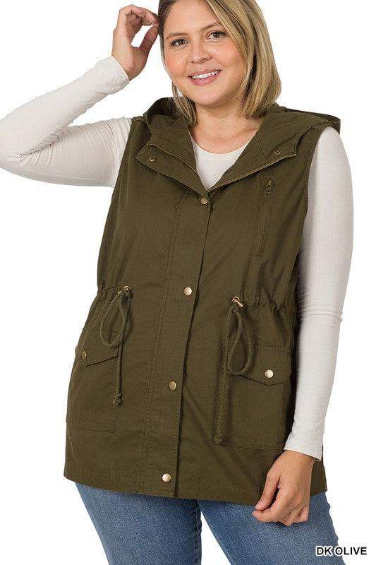 PLUS DRAWSTRING WAIST MILITARY HOODIE VEST IN OLIVE - Esme and Elodie